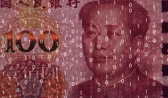 A dark red illustration of a 100 note Chinese Yuan overlaid with ones and zeros to indicate digital currency. Chinese statesman Mao Tse-tung's face is large and imposing. | Credit: iStock/Dilok Klaisataporn