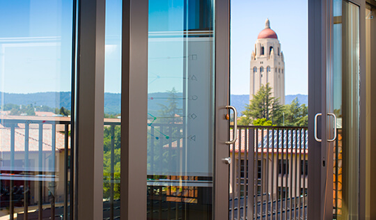 Hoover Tower as seen from the Seawell Family boardroom at the Knight Management Center