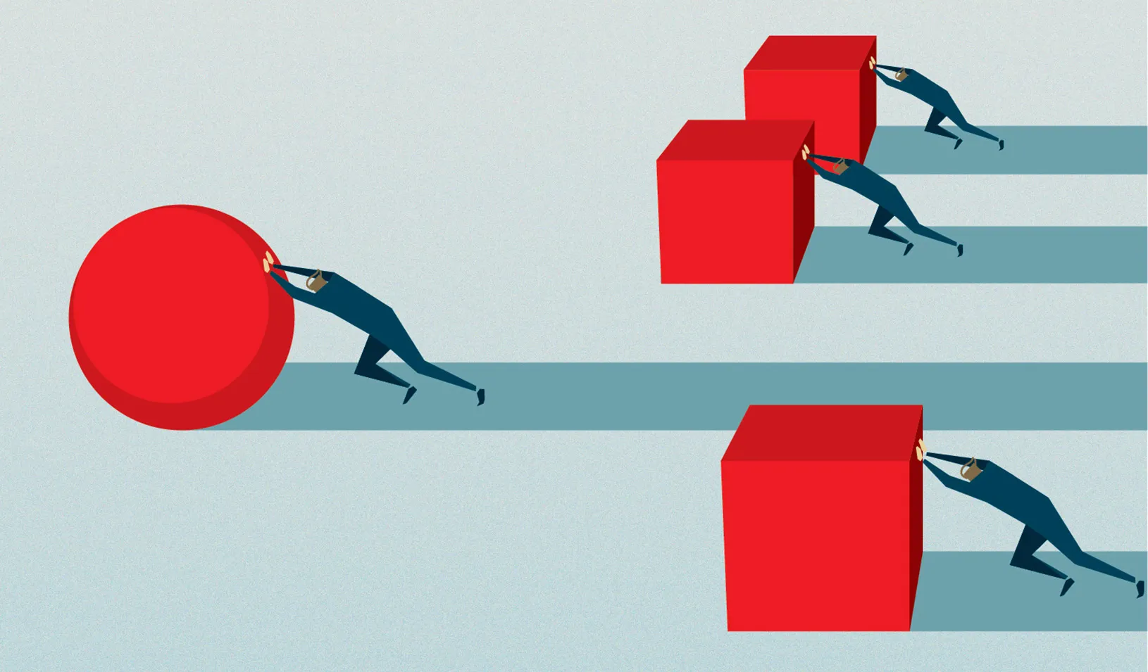 illustration of three men pushing large red cubes, and one man rolling a large red sphere.