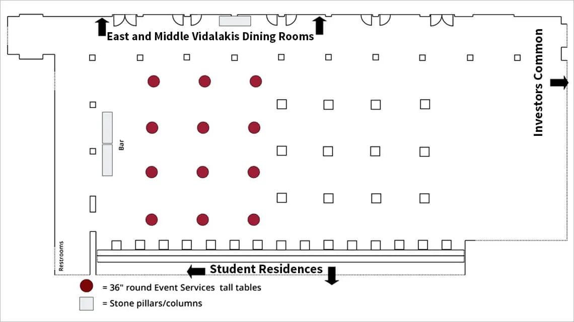 This venue diagram shows an example event configuration in Vidalakis Courtyard at the maximum capacity of 160 for dining seating with a bar. There are a series of double doors leading into the East and Middle Vidalakis Dining Rooms.