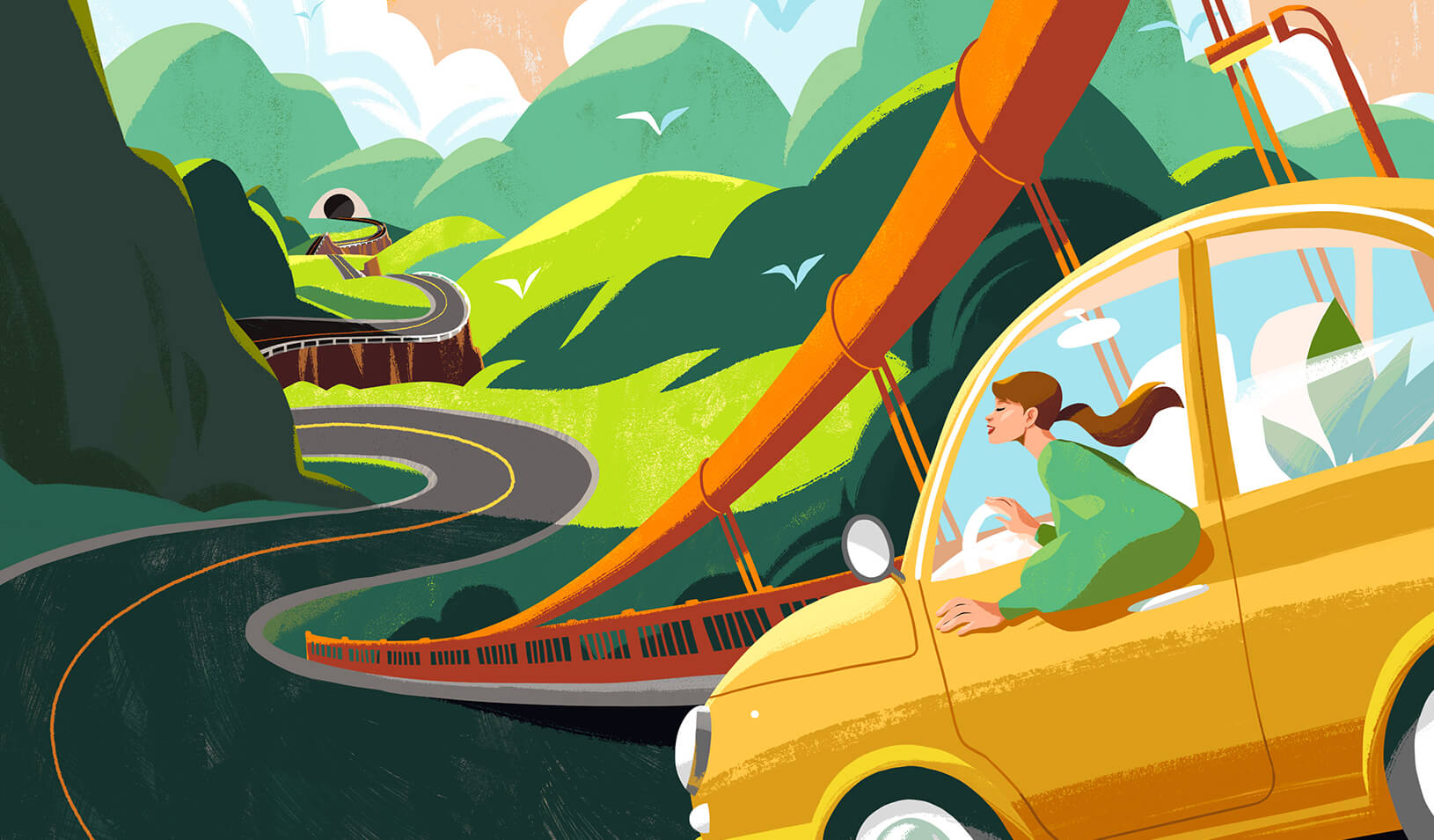 An illustration of a car traveling over the Golden Gate bridge into a hilly landscape with a bright sun ahead. Credits: Illustration by Kim Salt