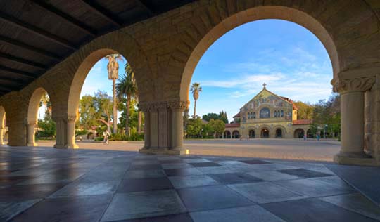 Stanford University arches with Memorial Church in the background