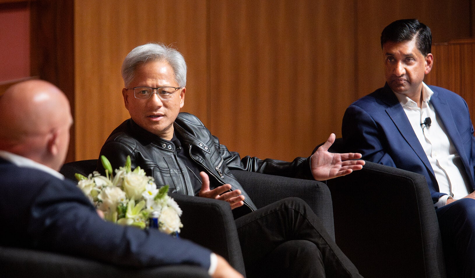 Photo of H.R. McMasters speaking with Jensen Huang and Ro Khanna on stage