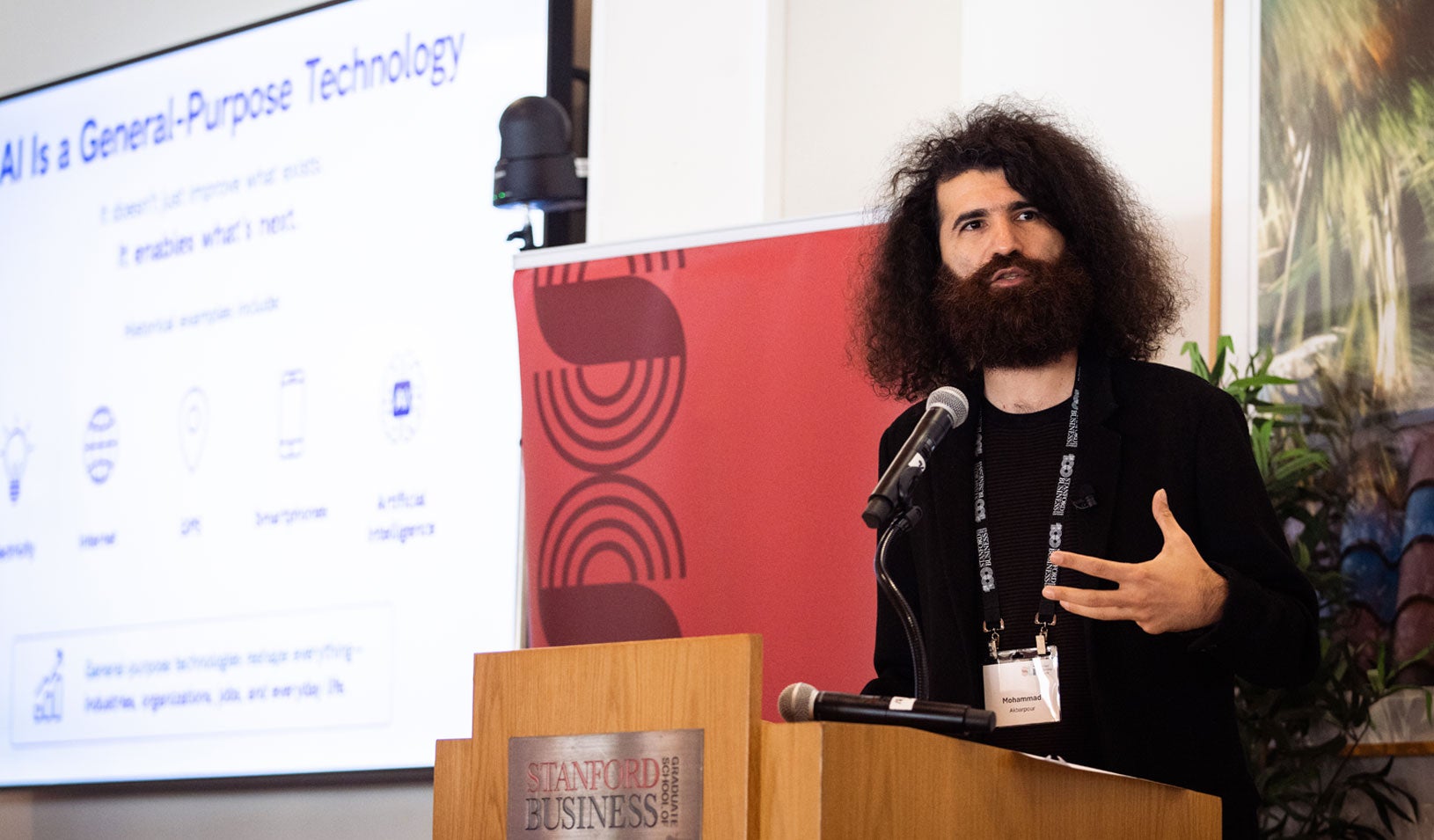 Mohammad Akbarpour, Stanford GSB economics professor, presents on AI as a general purpose technology at the Stanford Leadership Institute AI@Work Executive Forum