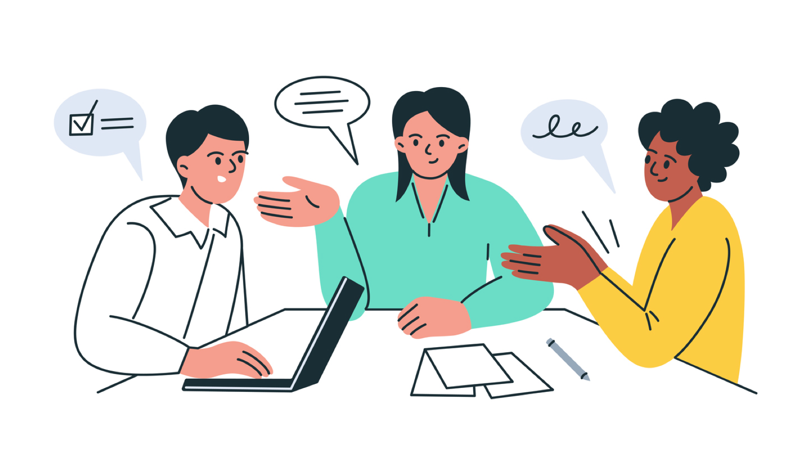 Illustration of three colleagues collaborating around a laptop and discussing ideas.
