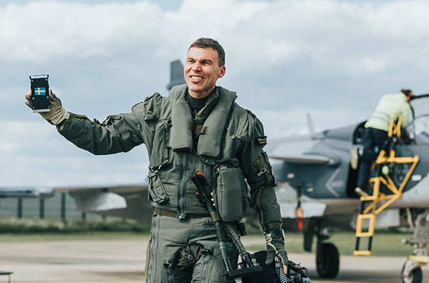 Wandt shown with an AI agent that helped pilot a Saab Gripen E fighter jet on a test flight. | Saab