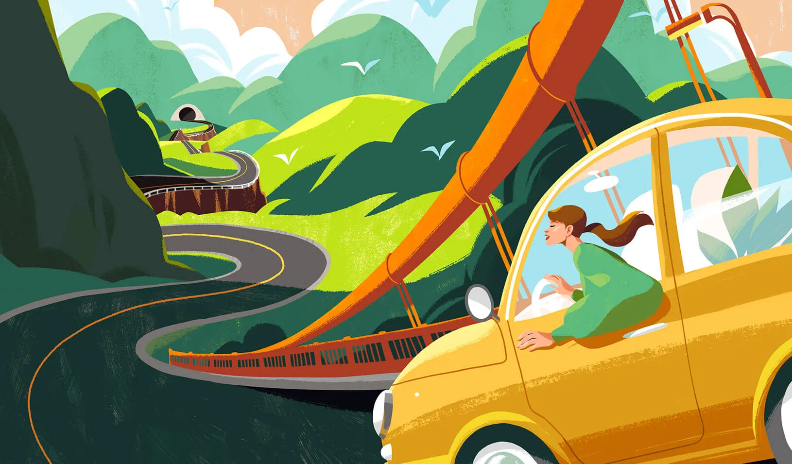 An illustration of a car traveling over the Golden Gate bridge into a hilly landscape with a bright sun ahead. Credits: Illustration by Kim Salt