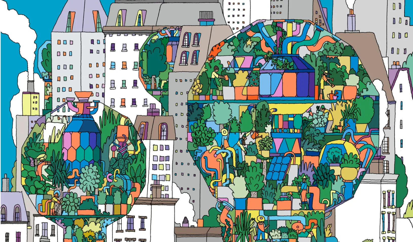 Illustration depicting a cityscape featuring green spaces. Credit: Illustration by Celyn Brazier