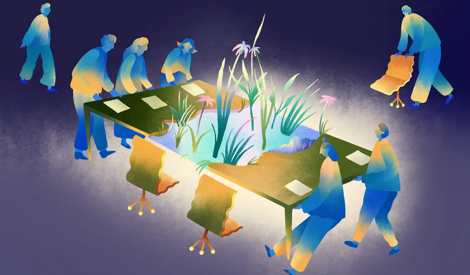 An illustration showing figures pulling apart a table to make room, while other figures are rolling up more chairs. Credit: Illustration by Jesse Zhang