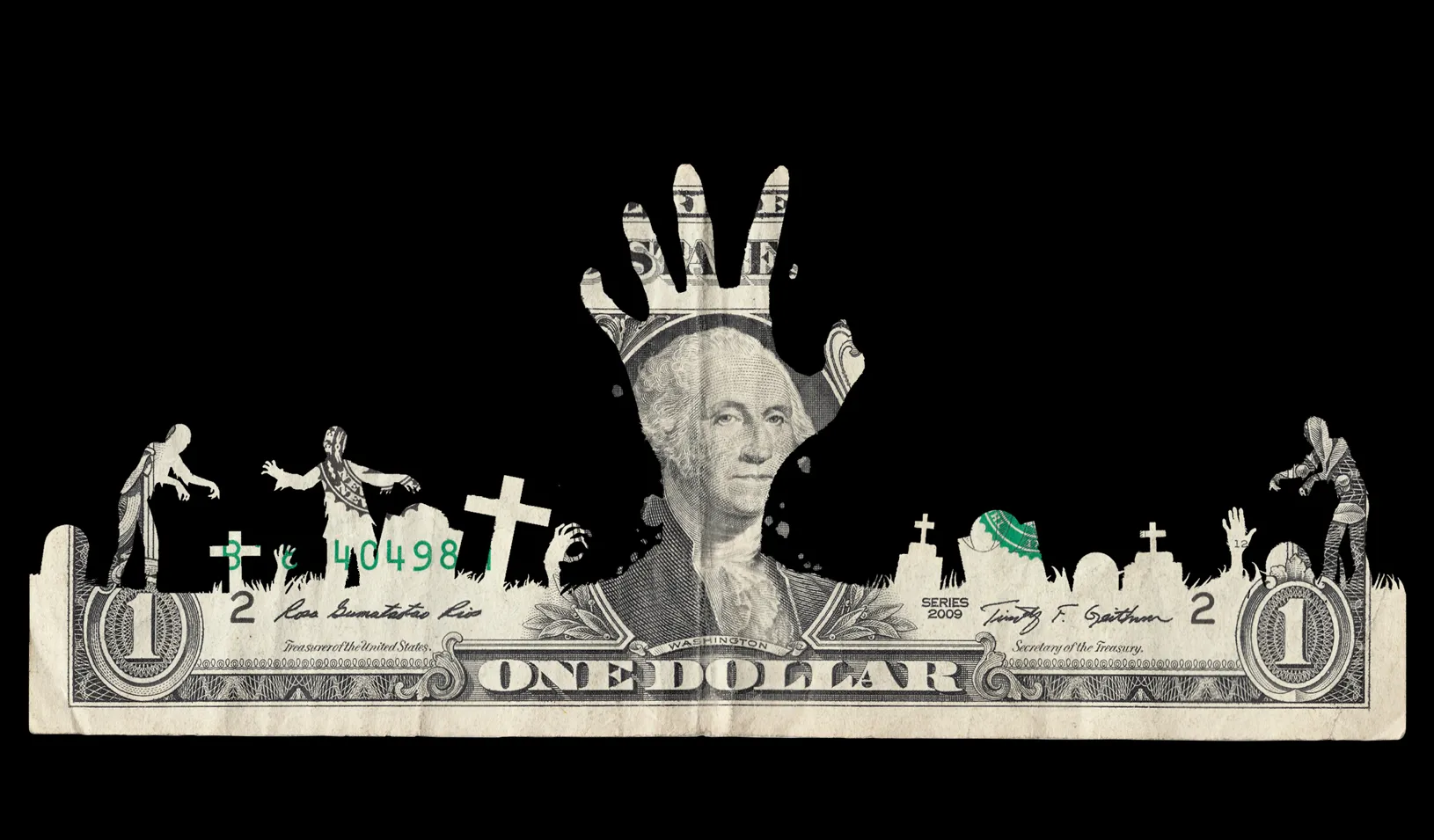 A dollar bill cut to look like it has zombies and a hand coming out of it. Credit: Alvaro Dominguez