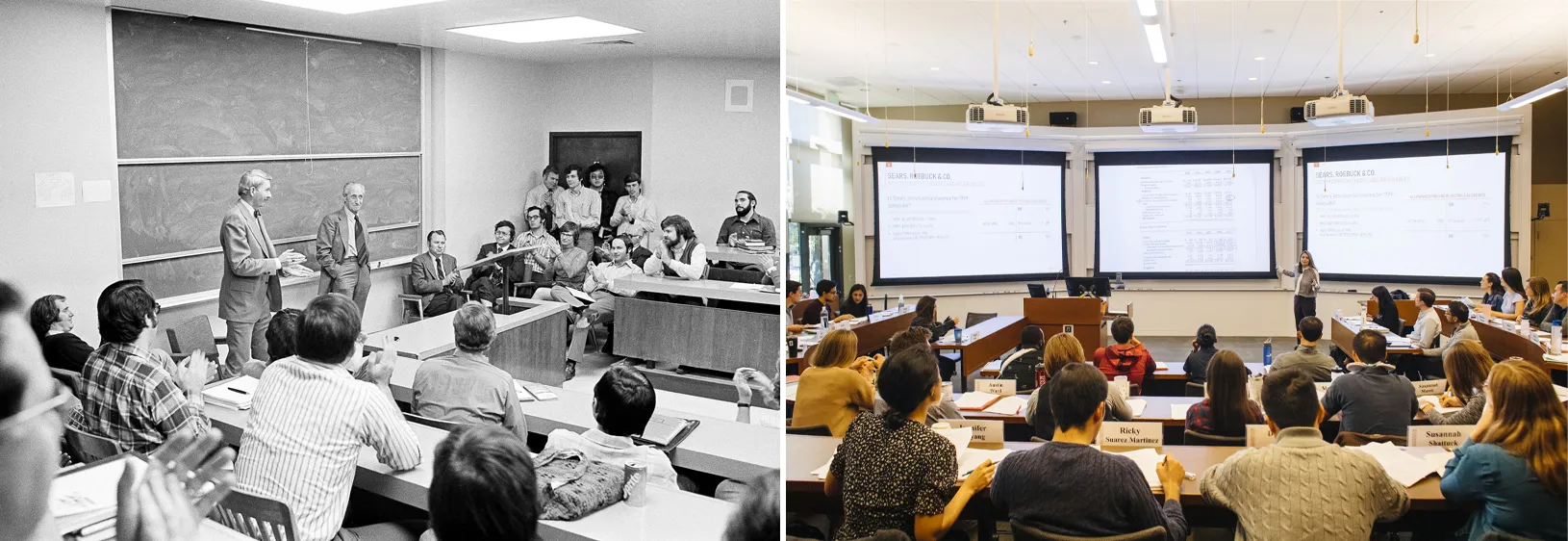 Harry Bridges, longshoreman, speaking at Stanford GSB, with J. Keith Mann and William Gould in audience in black-and-white. Right: Students in a class taught by Rebecca Lester in full color. Credit: Left: Jose Mercado / Stanford News Service; Right: Elena Zhukova