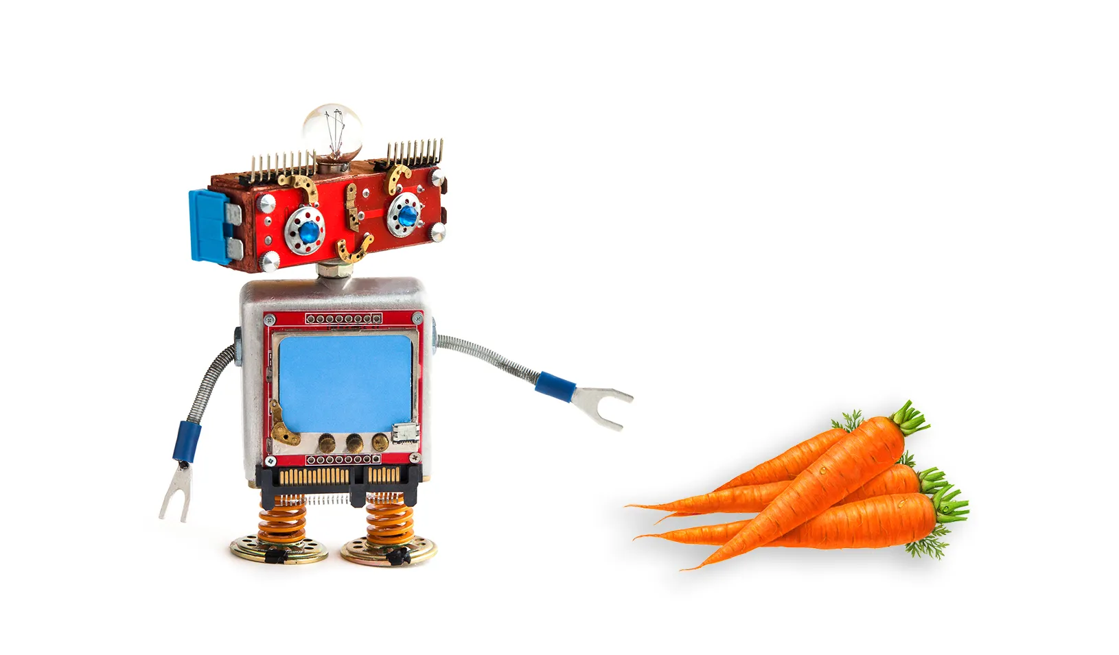 A photo illustration of a robot reaching for carrots. Credit: istock/Besjunior; iStock/Judy Unger