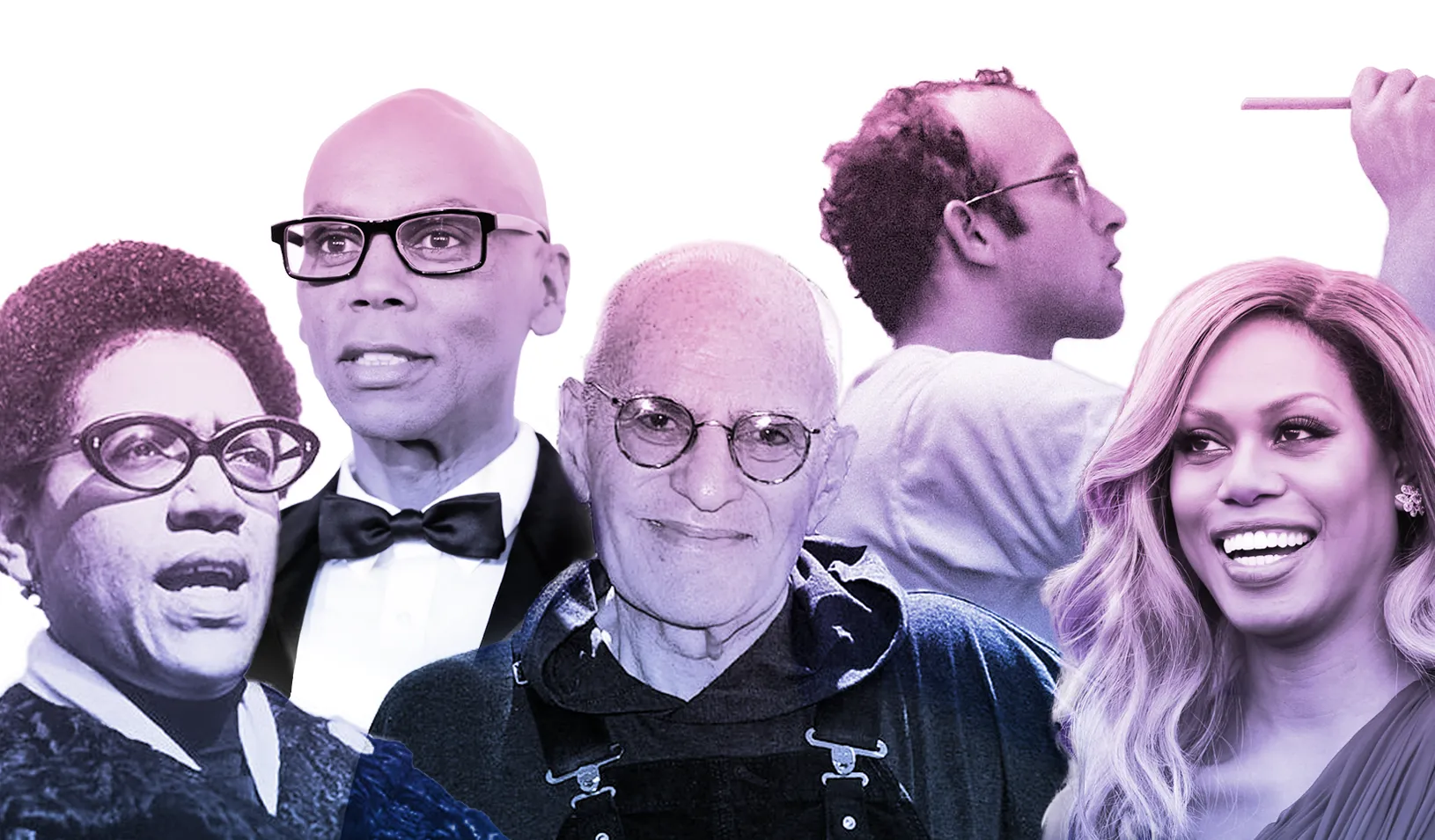 Colorful graphic compilation of influential LGBTQ visionaries. From left to right: Audre Lorde, RuPaul Charles, Larry Kramer, Keith Haring, Laverne Cox. Credit: Cory Hall