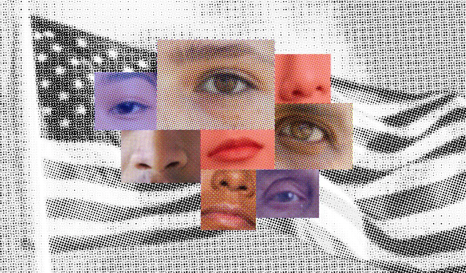 Close-up facial features on a black and white American flag. Each facial feature is overlayed with a blue or red square. The image is glitching, like a computer scanner. Animation by Cory Hall