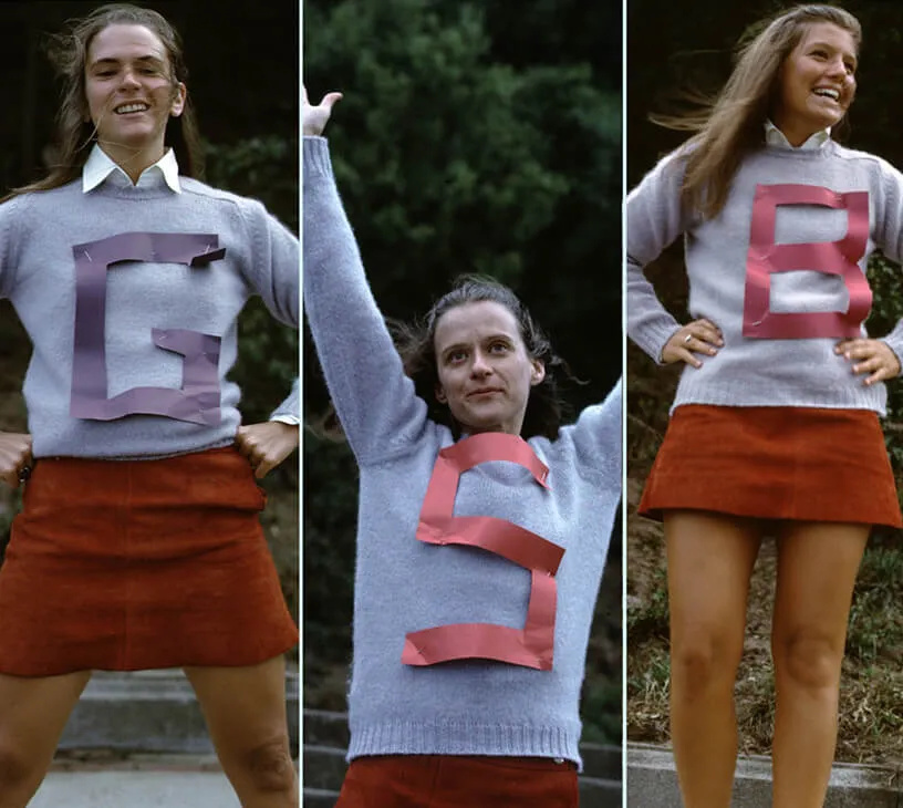 This compilation of pictures from the 70s depicts Thornton, West, and Phillips each smiling and posing with a different letter of GSB stapled to their shirt. Credit: Courtesy of Susan Phillips, Anne Thornton, and Barbara West, with special thanks to Luther Nussbaum