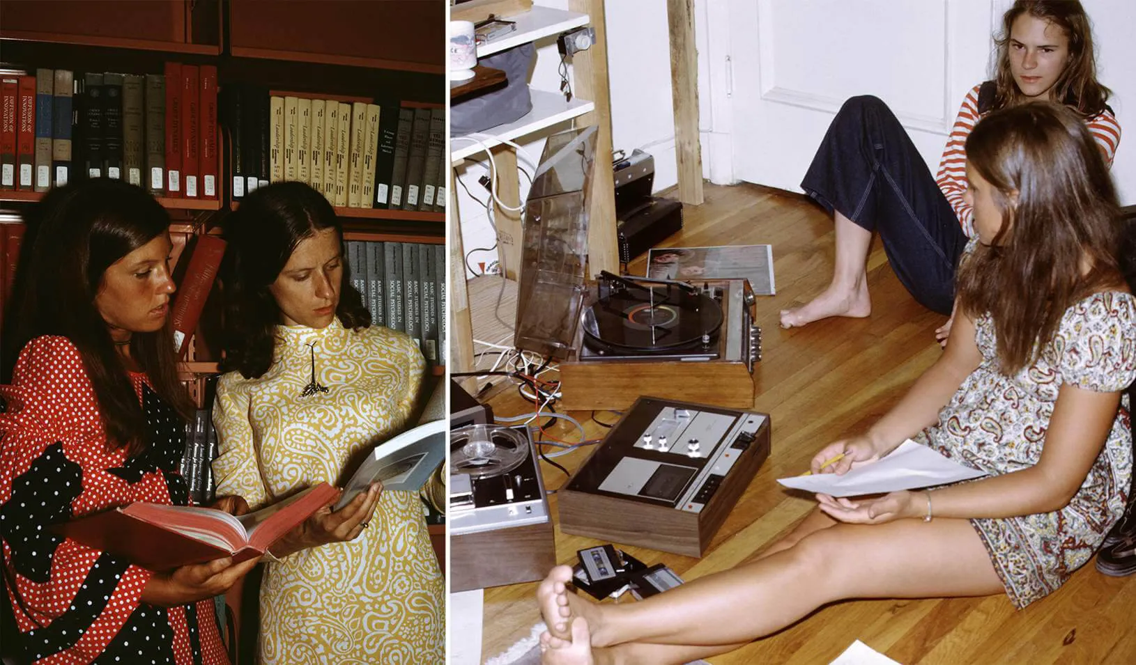 Two separate images. First picture depicts Susan Phillips and Barbara West in a library looking through books. Second photo depicts Anne Thornton and Susan Phillips sitting on the floor surrounded by a record player and other audio equipment. Credit: 