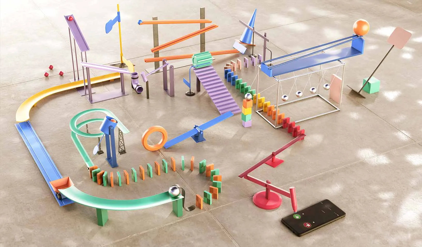 A colorful and complicated Rube Goldberg machine. | iStock/Peepo.