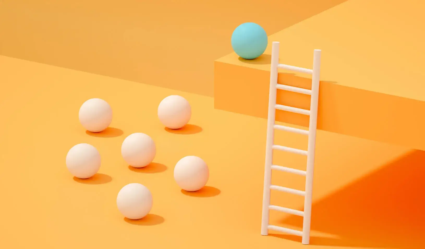 a 3-d rendering of spheres, with one sphere on a top ledge, near the top of a ladder. Credit: iStock/akinbostanci