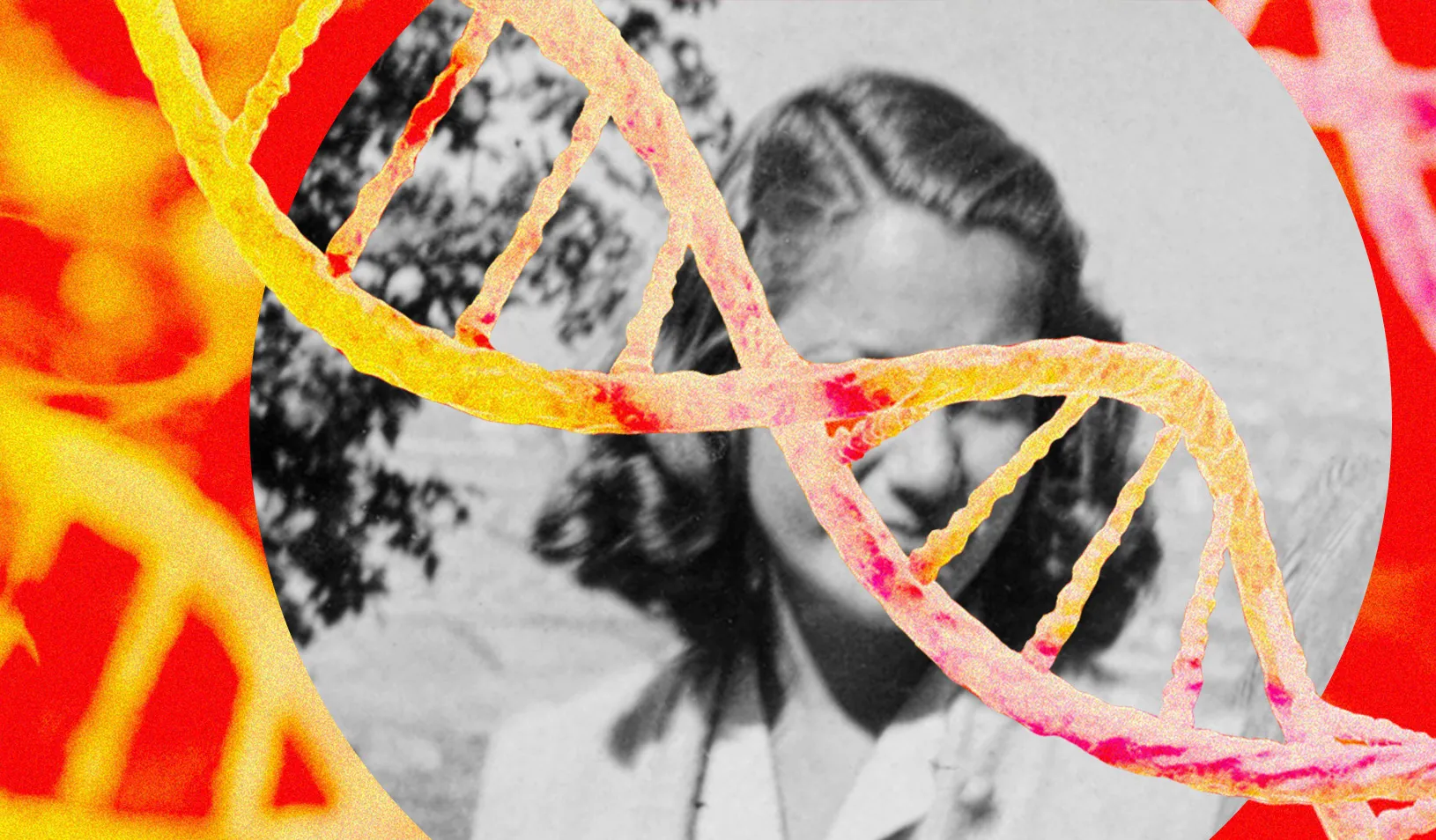 Collage image of a woman in black and white, with a strand of DNA obscuring her face. Image by Cory Hall