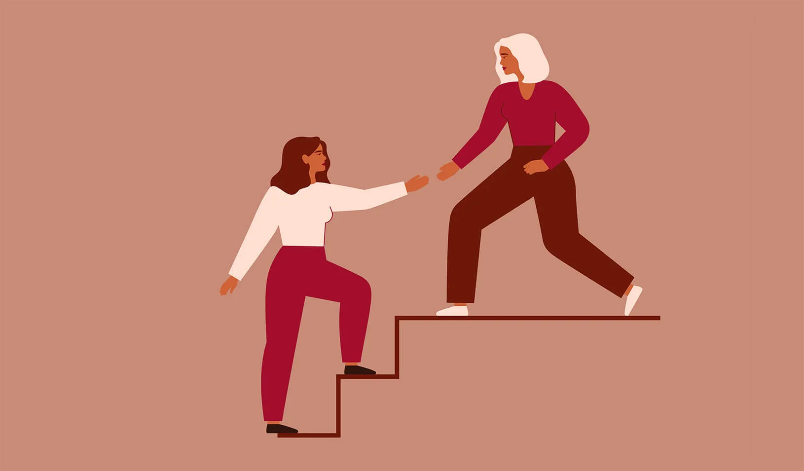 Ilustração de duas mulheres em uma escada, uma se aproximando da outra para ajudá-la a subir as escadas. iStock/Ponomariova_Maria