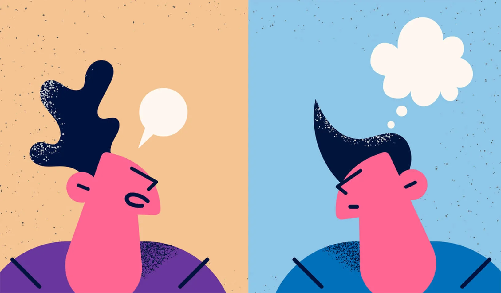 Illustration of two people separated on two different colored backgrounds. One person is talking, and the other person is thinking. iStock/Denis Novikov