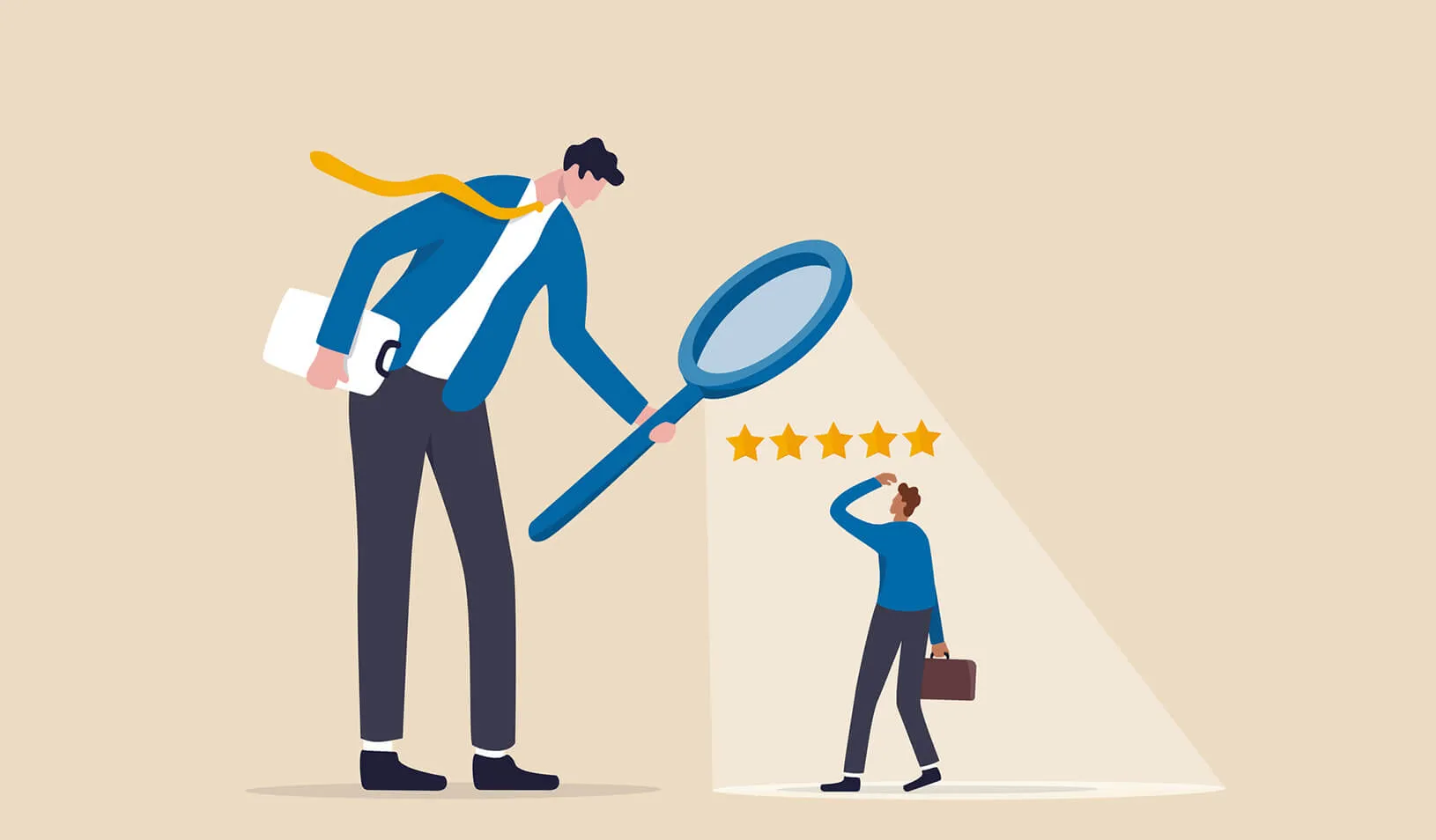 Illustration of a man with a magnifying glass evaluating a smaller man. iStock/Nuthawut Somsuk