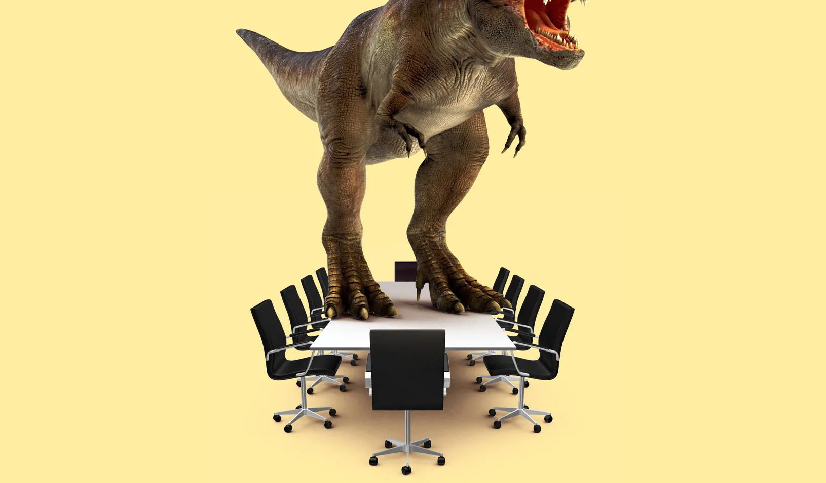 An illustration of a fierce-looking t-rex standing on a board room table. Credit: Alvaro Dominguez