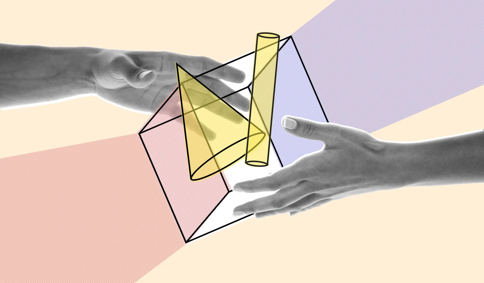 Illustration of one hand passing a cube filled with shapes to another hand. Credit: iStock/travenian, Cory Hall.