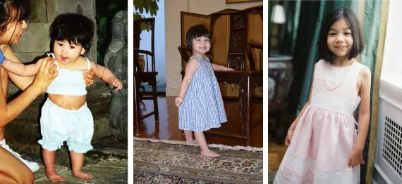 A set of photos showing Lauren Eng and daughter Arya at different stages of Arya's childhood. Arya as a baby, toddler and young child, smiling at the camera.