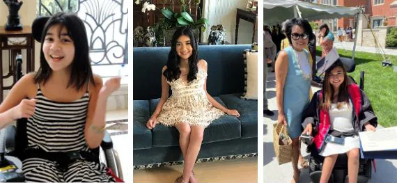 A set of photos showing Loren Eng and daughter Arya at different stages of Arya's adolescence. Arya looking at the camera and laughing, sitting on a couch and smiling, and Arya and her mother Loren at Arya's graduation. 