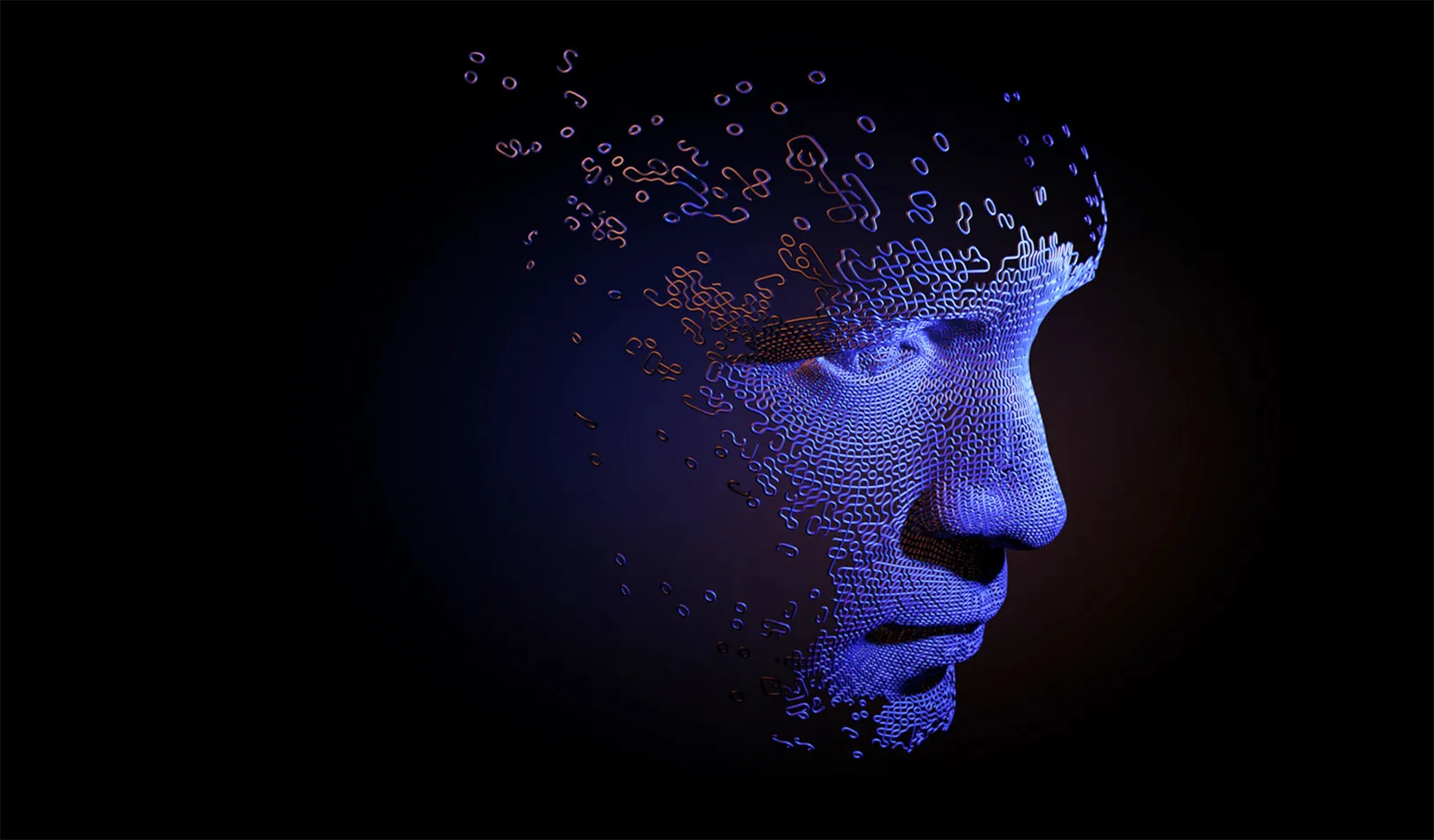 A digital illustration of a human face made of small pieces that are trailing off the back of their head, on a dark background. iStock/Maksim Tkachenko