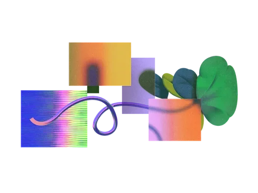 Colorful rectangles with a curving line and a leaf