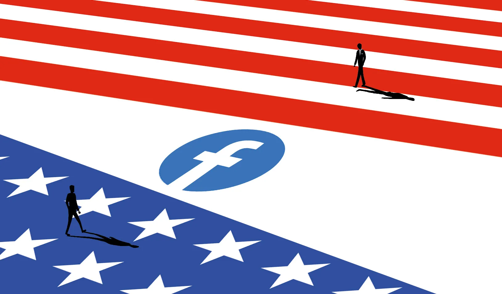 Illustration of two figures walking toward a divide. One figure is on red stripes, the other on blue stars, and in the divide is the facebook logo.
