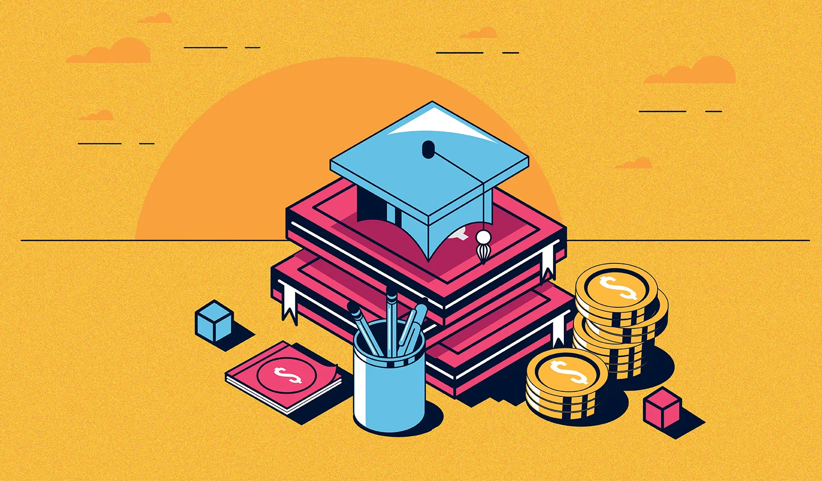 Illustration of a graduation cap sitting on books and stacks of coins.