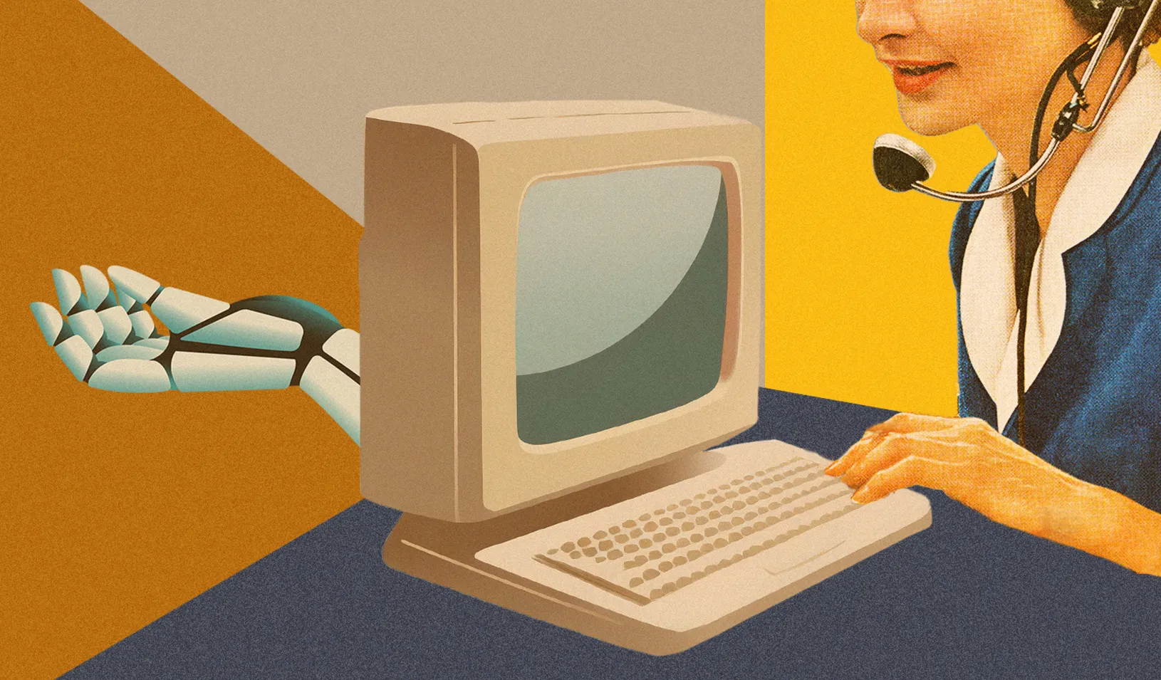 Illustration of a woman wearing a headset sitting at a computer that has a robot hand extending out of the back in a helpful gesture.