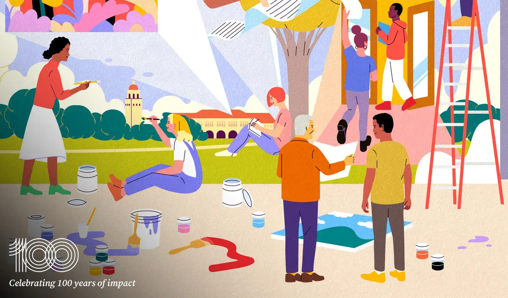 Colorful and textured illustration of people collaborating, building, and creating together. Credit: Yifan Wu