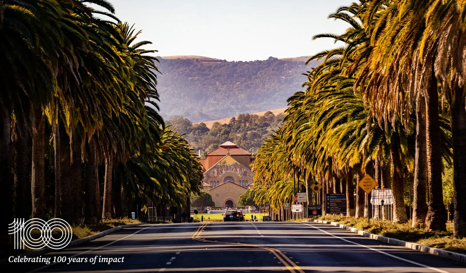 A view Stanford University from Palm Drive. Credit:  Farrin Abbott / Stanford News