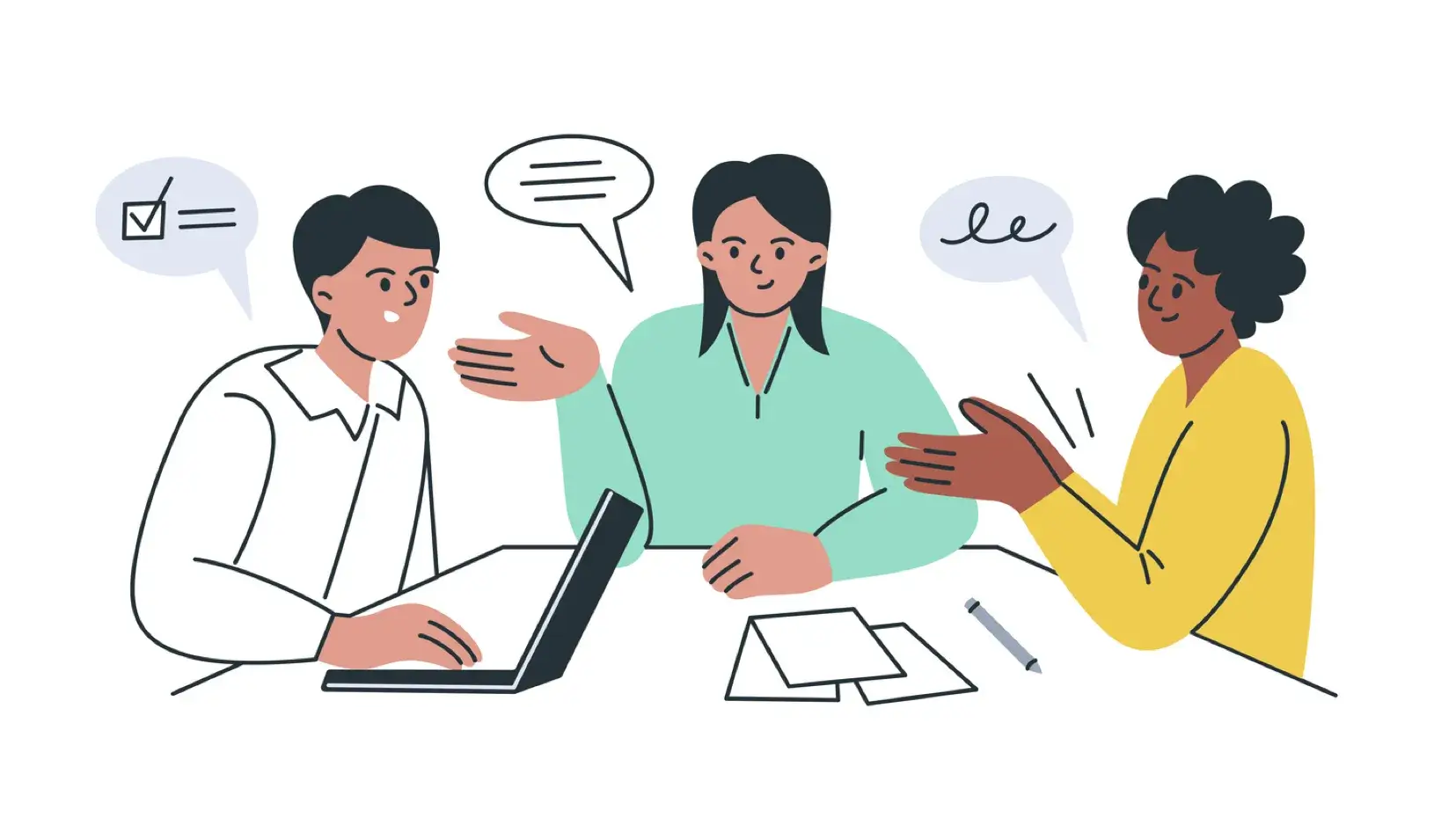 Illustration of three colleagues collaborating around a laptop and discussing ideas.