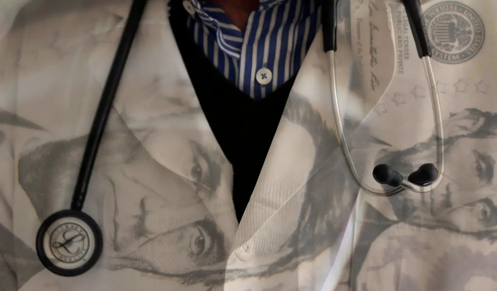 A close-up of a doctor and a stethoscope | Photo Collage (sources: Reuters/Gary Cameron; Reuters/Regis Duvignau)