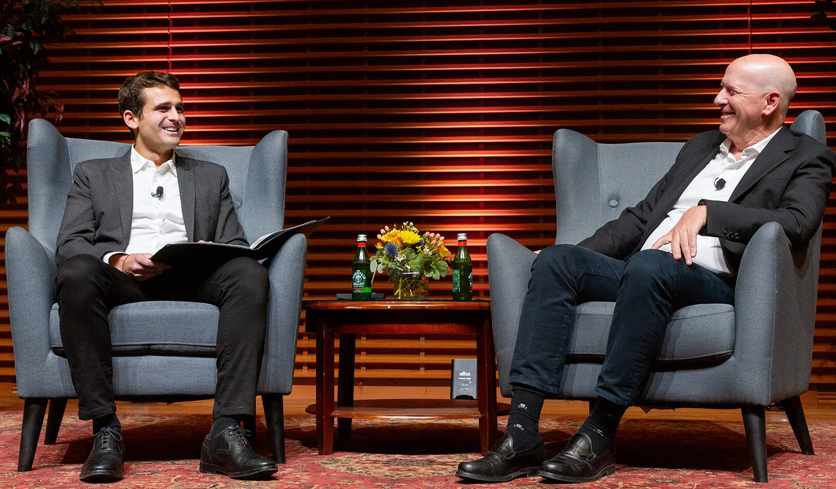 Stanford GSB student Mike Lewis interviews chairman and CEO of Goldman Sachs David Solomon on stage at Stanford GSB. Credit: Kiefer Hickman