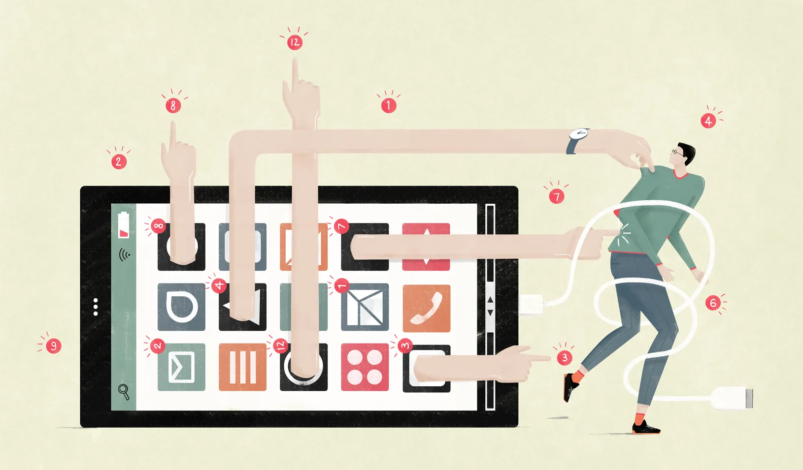 An illustration of a man trying to escape the tangles of his cell phone demands. Credit: iStock/Annemarie Gorissen