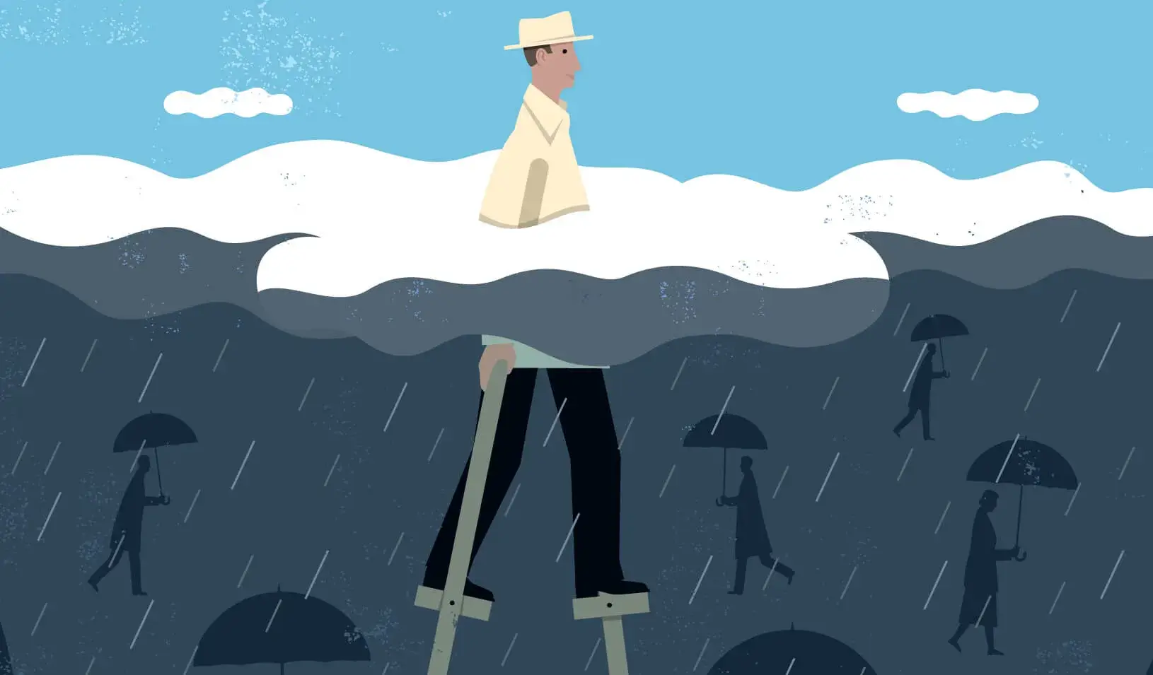 An illustration of a man standing on stilts with his head above the clouds, while others walk with umbrellas below | iStock/dane_mark