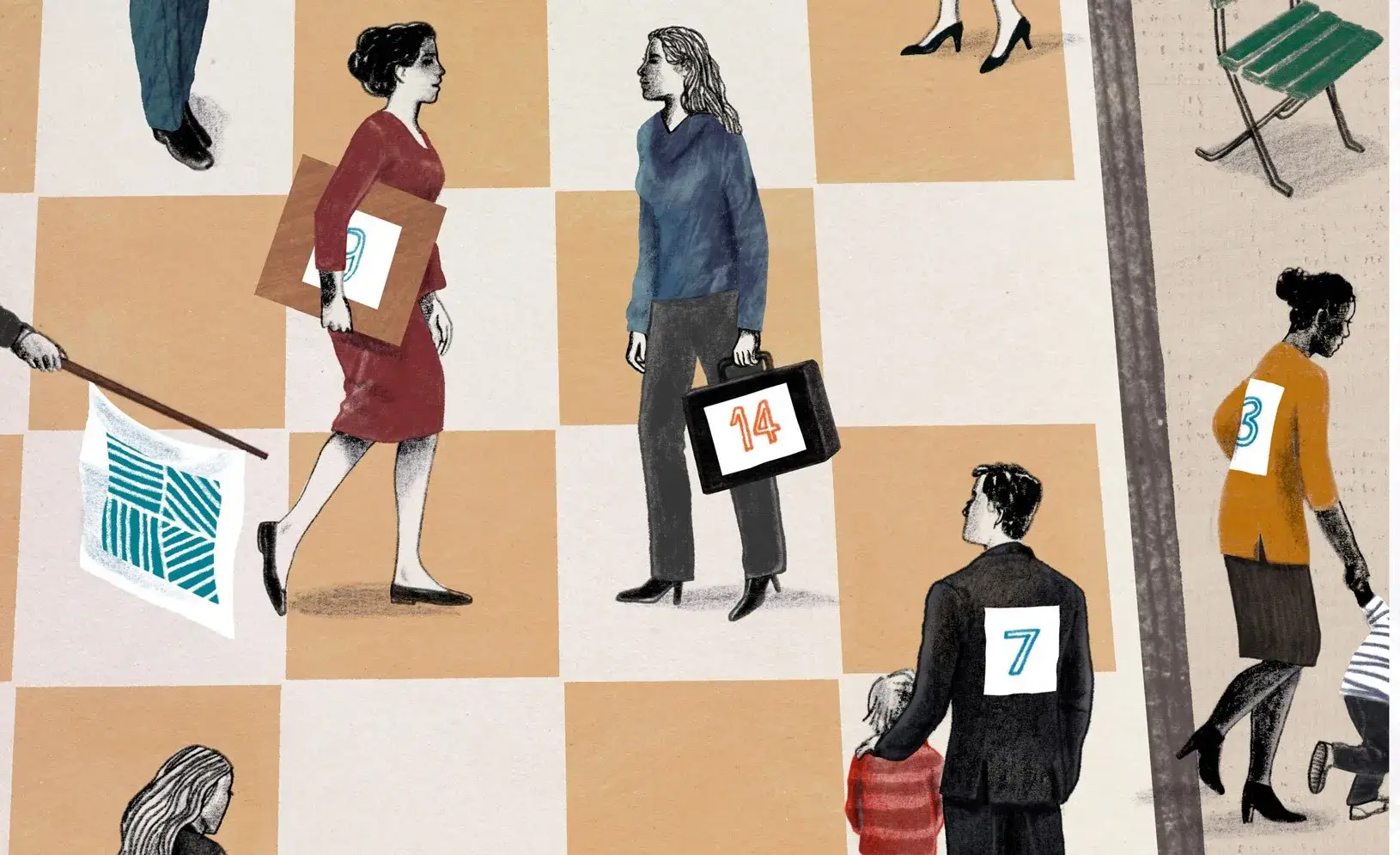 Women and men with numbers on their back walking on a chess board, Illustration by Aude Van Ryn