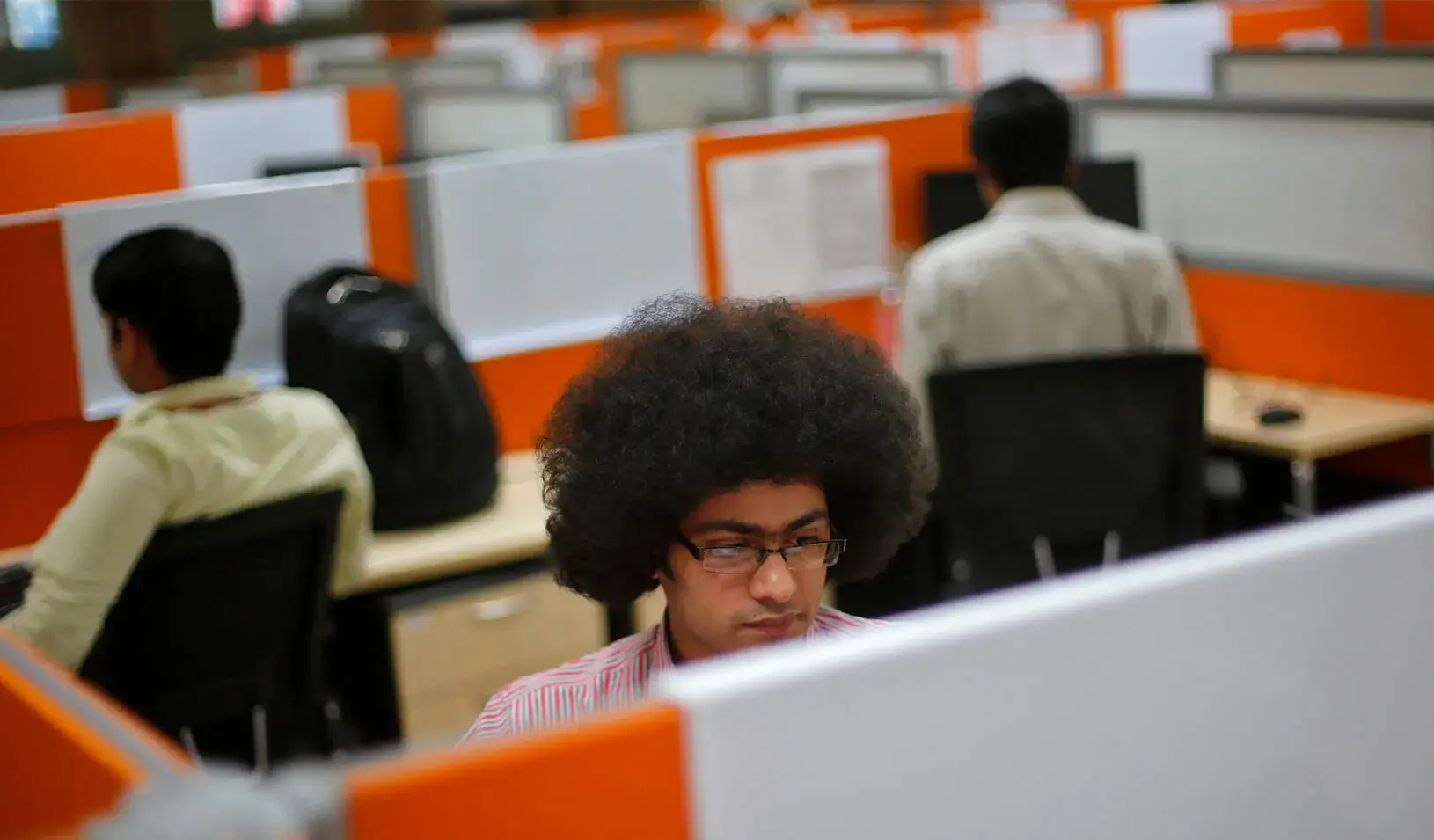 People intently working in cubicles