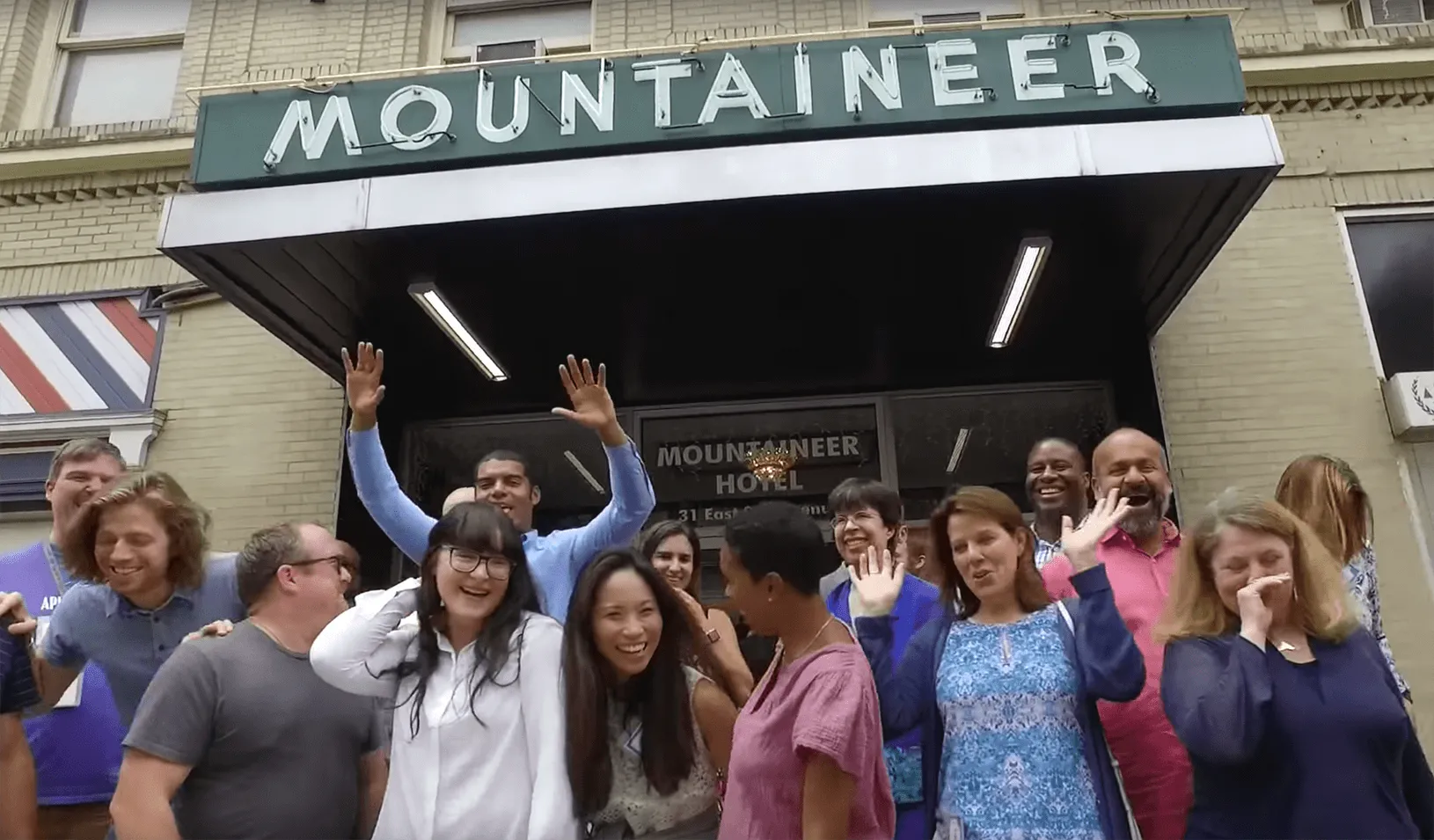 People from Williamson, West Virginia in front of the Mountaineer Hotel. Credit: Beth Rimbey