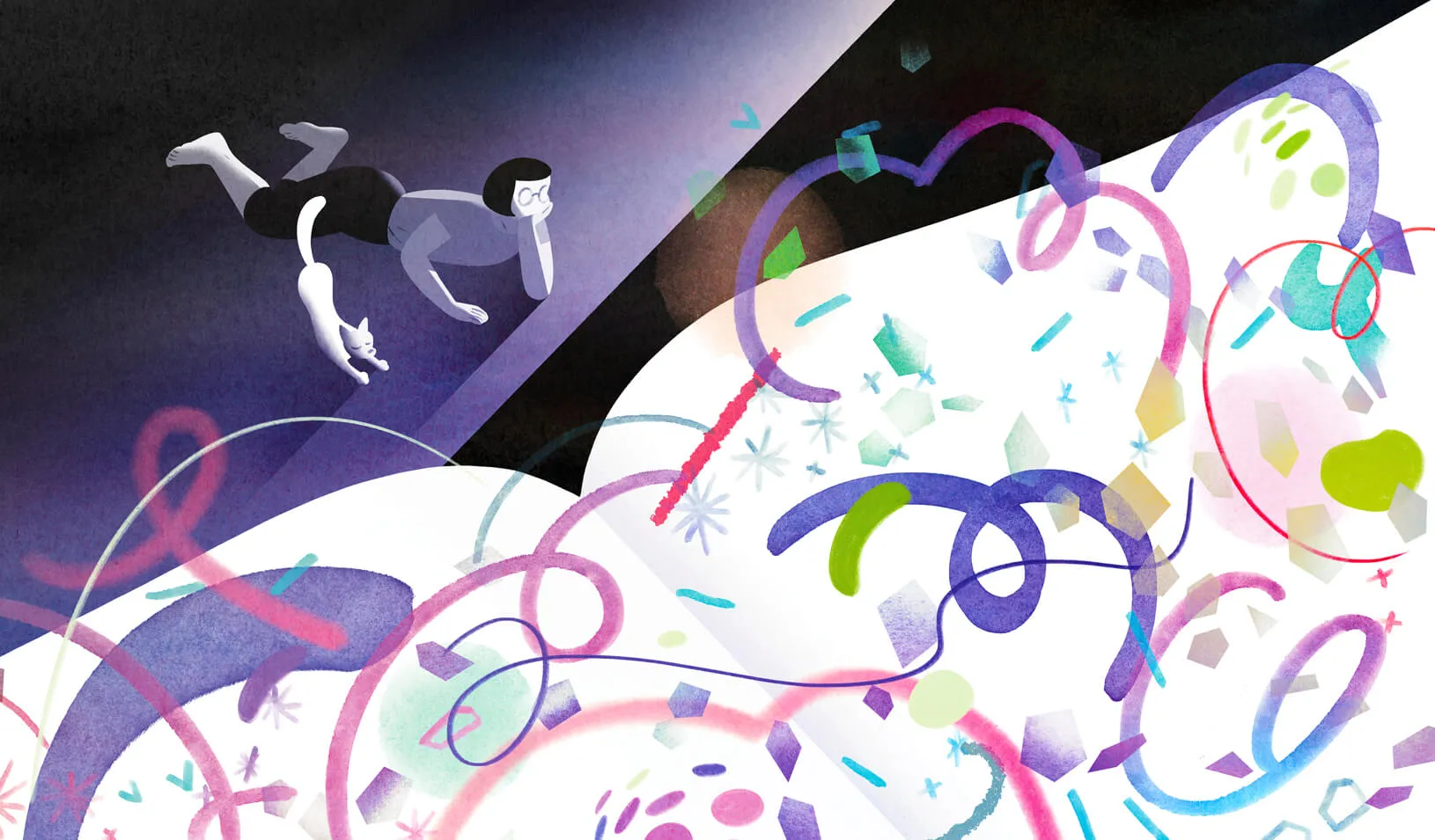 An illustration of a girl laying before a large book. Credit: Angie Wang