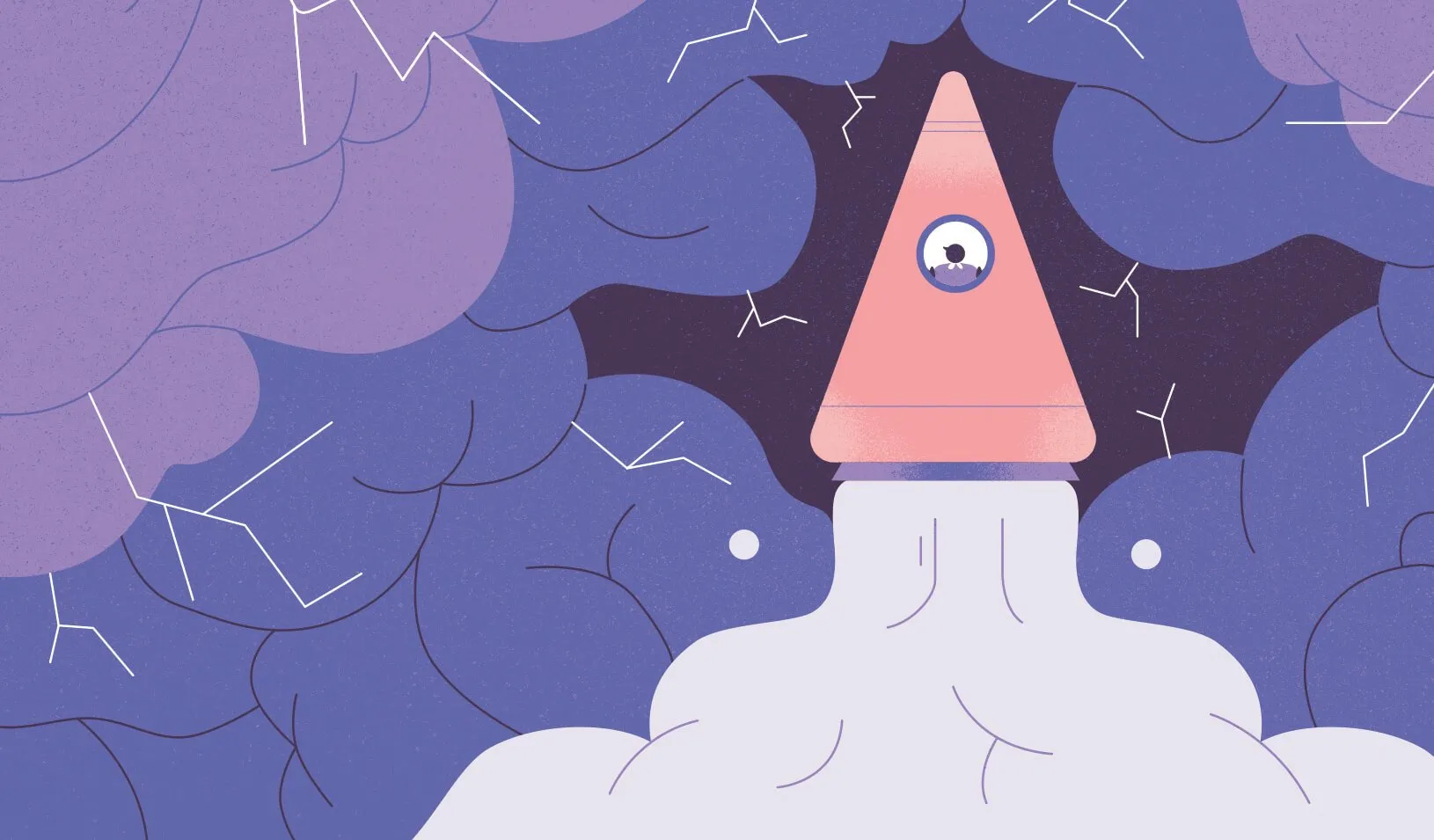 An illustration of a figure in a rocket launching to space. Credit: Michal Bednarski