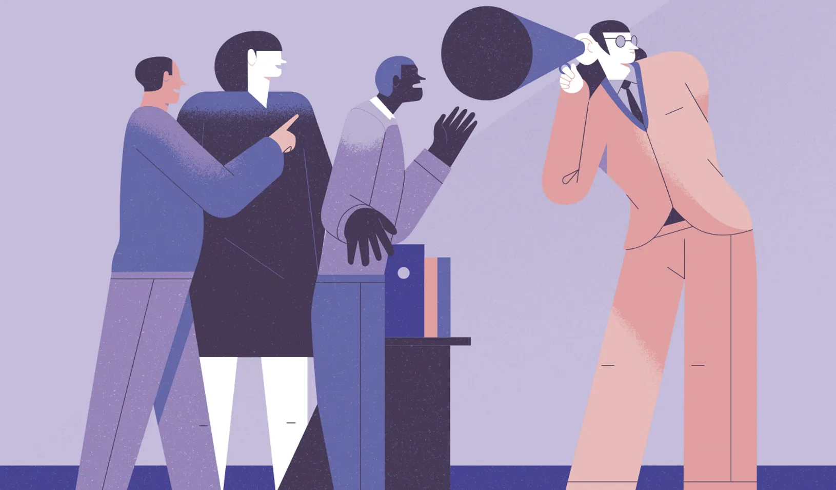 Illustration of a boss listening to his employees. Credit: Michal Bednarski