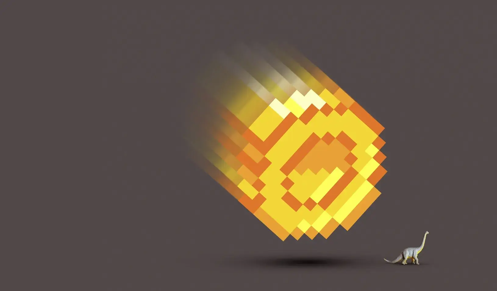 A photo illustration of a digitized coin coming down from the sky to hit a dinosaur. Credit: Alvaro Dominguez