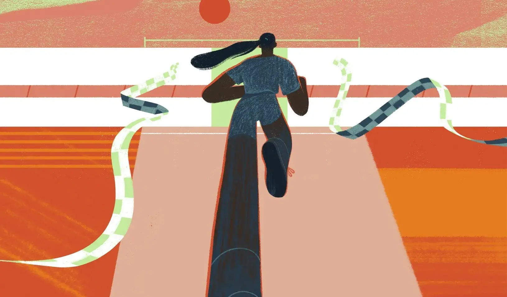 An illustration of a woman running through a series of “finish lines.” Credit: Sara Wong